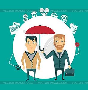 Insurance agent holding umbrella - color vector clipart