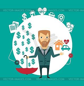 Insurance agent holding house, car, heart and an - vector clipart