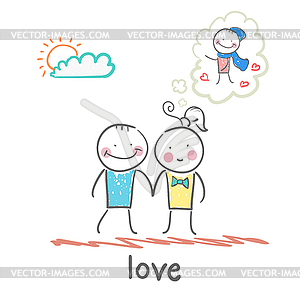 Girl standing with guy and thinks about other guy - vector image