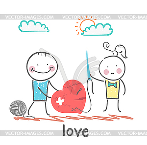 Girl and guy with needle and thread sewn heart - vector image