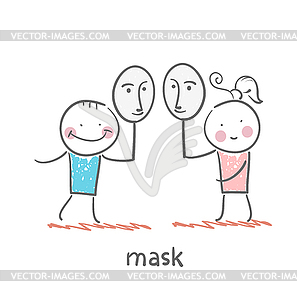 Girl and boy holding mask - vector image