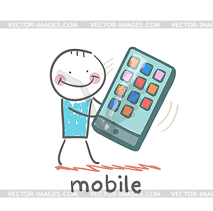 Man holding mobile that rings - vector clipart