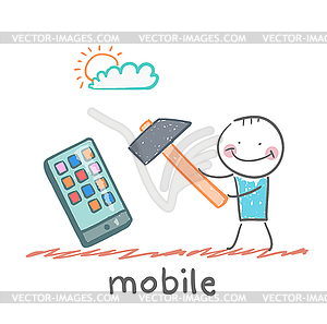 Man hammers on mobile - vector image