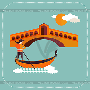 Venice, Rialto bridge with gondola in Italy - vector clip art