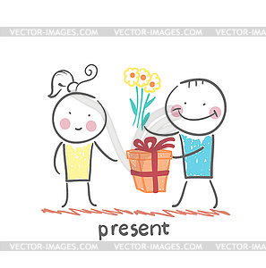 Человек дает подарок девушке цветы - векторное изображение