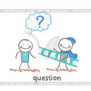 Man with question mark meets man with ladder - vector clip art