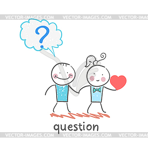 Man with question mark goes with girl with heart - vector clipart