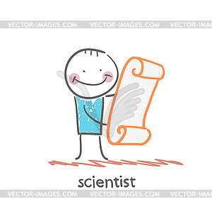 Scientist holding scroll - vector image