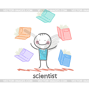 Scientist with books around - vector image