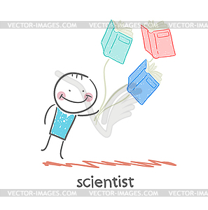 Scientist flies with books - vector image