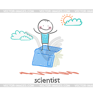 Scientist is flying on book - vector clip art