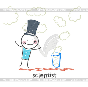 Scientist conjures glass and clouds - vector image