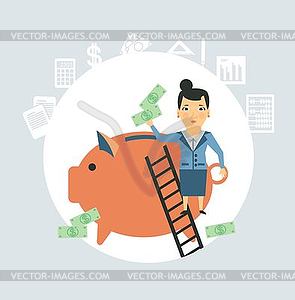 Accountant throws money into pig - vector image