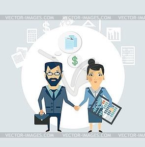 Accountant shakes hands with partner companies - vector clip art