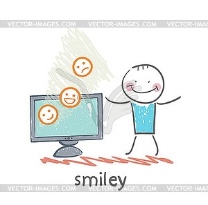 Man watching TV with smiles - vector clip art