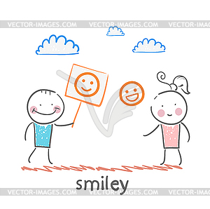 Man and girl holding posters with fun emoticons - vector clipart