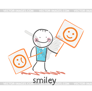 People holding posters with funny and sad smiles - vector image