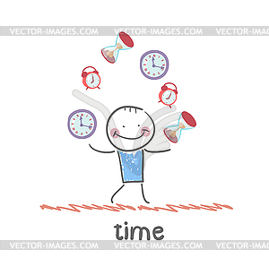 Man juggles clocks - vector image