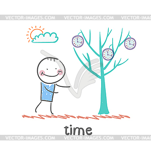 Man grows tree with clock - vector image
