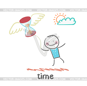 Man flying with an hourglass - vector clip art