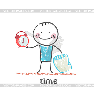 Man awakened by alarm clock - vector clipart