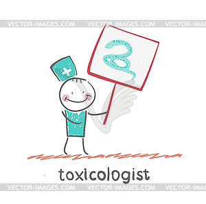 Toxicologist holds placard on which painted snake - vector image