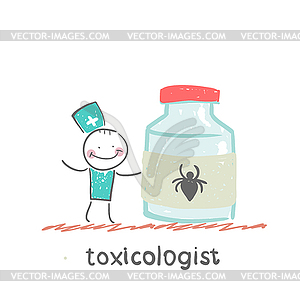 Toxicologist holds jar of medicine of poison spiders - vector clipart