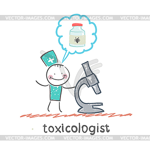 Toxicologist looking through microscope and thinks - vector image