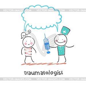 Traumatologist is holding syringe and tells patient - vector clipart