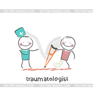 Traumatologist speaks with patient with broken leg - vector image