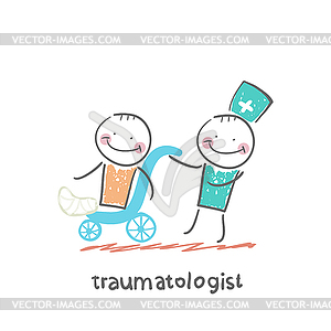 Traumatologist lucky patient in wheelchair - vector image