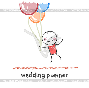 Wedding planner flying with balloons - stock vector clipart