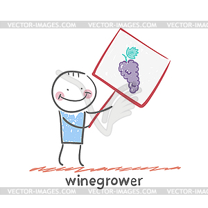 Winegrower holds banner with grapes - vector clip art
