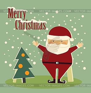 Санта-Клаус стоит рядом с деревом и пожелал Мерри - иллюстрация в векторном формате