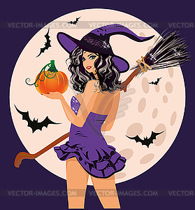 Happy Halloween. Sexy witch with pumpkin and moon  - vector image