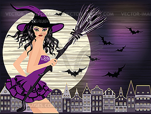 Happy Halloween. Sexy young witch, moon and night city, - vector clipart