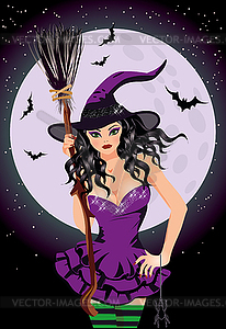 Happy Halloween. Sexy night witch with broomstick - vector image