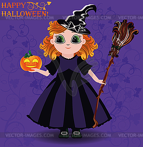 Happy Halloween. Little girl witch and pumpkin card - vector clipart