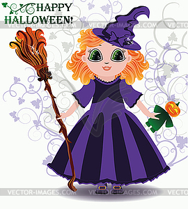 Happy Halloween. Little witch with pumpkin doll. vector - vector image