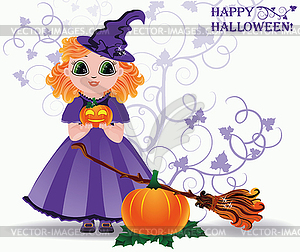 Happy Halloween. Cute little witch and pumpkin card.  - vector EPS clipart