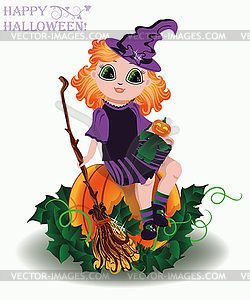 Happy Halloween. Little witch and pumpkin doll , vector - vector image