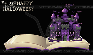 Happy Halloween. open book with old castle, vector  - vector clipart