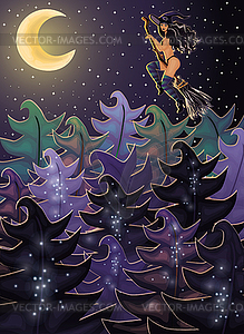 Halloween night background with forest witch, vector  - vector clipart