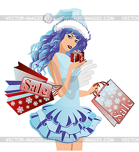 Santa girl with shopping bags , vector illustration  - color vector clipart