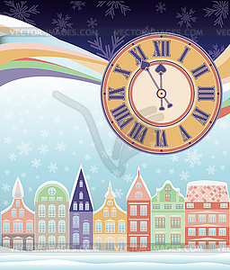 New year and Merry Christmas winter card with clock - vector clipart