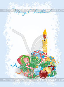 Merry Christmas invitation card with gifts and candle,  - royalty-free vector clipart
