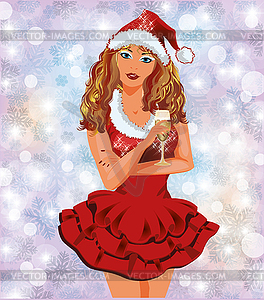 Santa claus girl with champagne, vector illustration - vector clip art