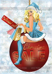 Christmas sale Santa girl with shop bags, vector - vector image