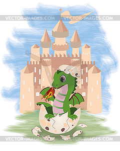 Little fairy dragon and castle, vector illustration  - color vector clipart