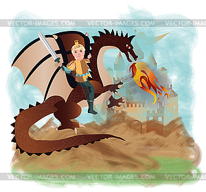 Brave prince and magic dragon, vector illustration - vector image